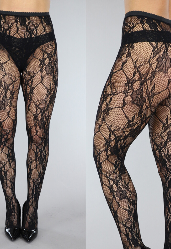 Zwarte Fishnet Panty met Bloemenprint