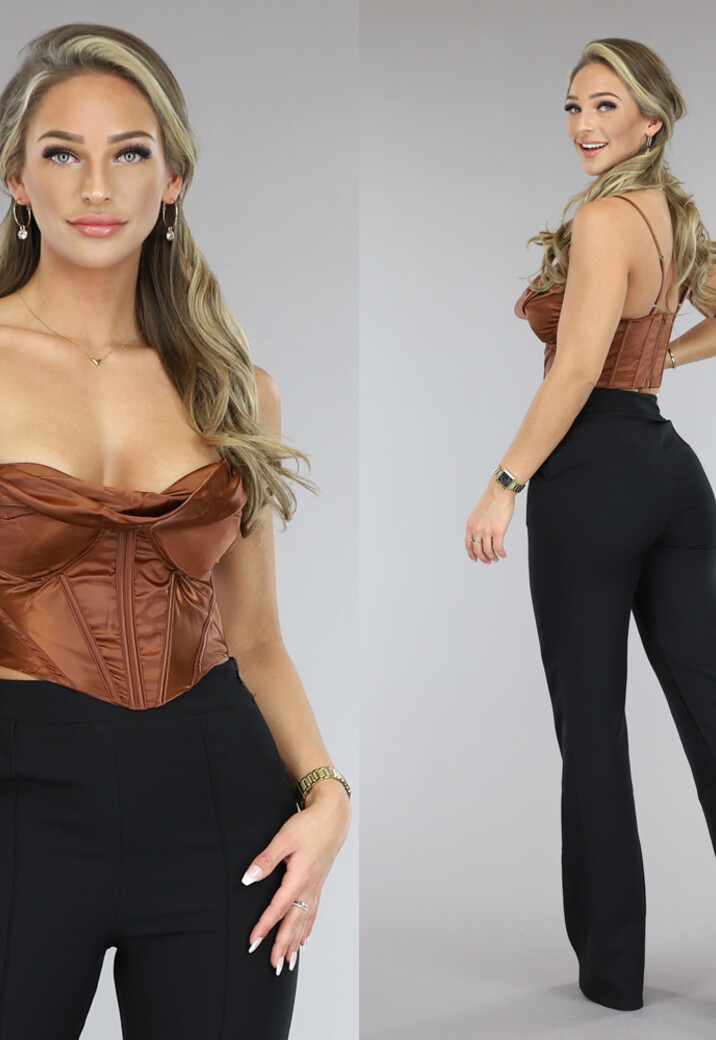 Bruine Satin Korset Top met Gedrapeerd Detail