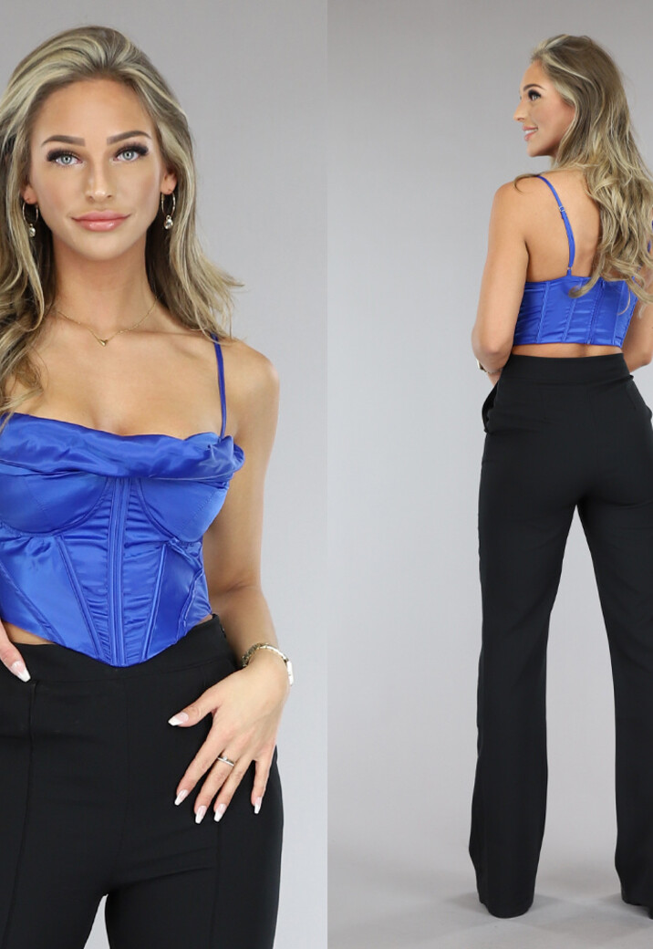 Donkerblauwe Satin Korset Top met Gedrapeerd Detail