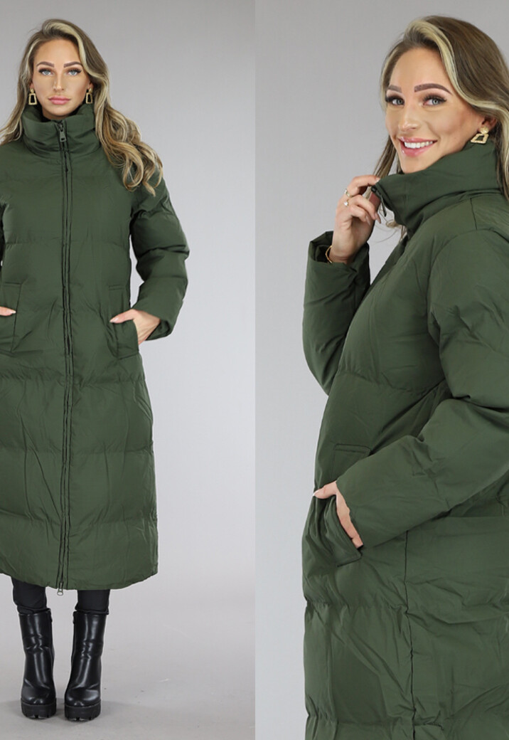 Legergroene Gevoerde Winterjas met Hoge Kraag