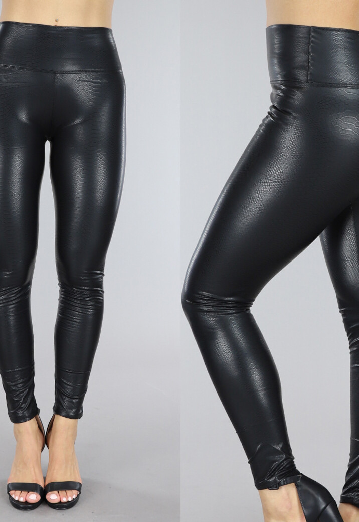 Zwarte Lederlook Legging met Crocoprint