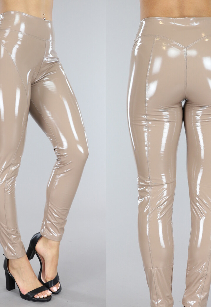 Taupe PVC Legging met Stiksels