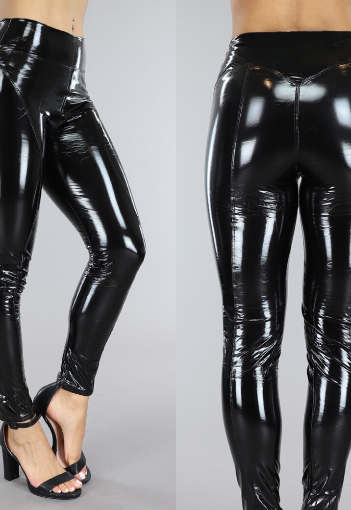 Zwarte PVC Legging met Stiksels