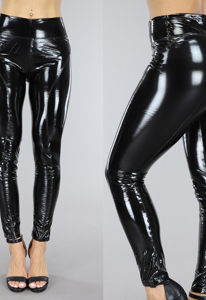 Zwarte PVC Legging met Stiksels