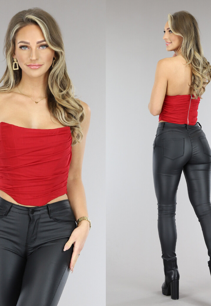 Rode Mesh Korset Top met Gedrapeerd Detail