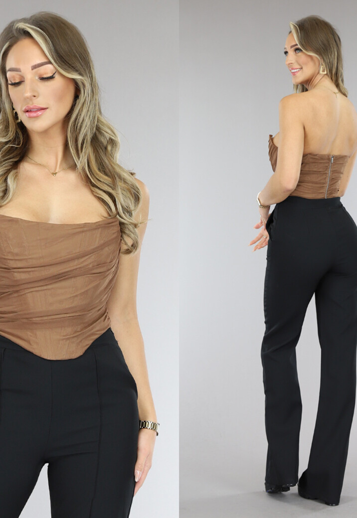 Bruine Mesh Korset Top  met Gedrapeerd Detail