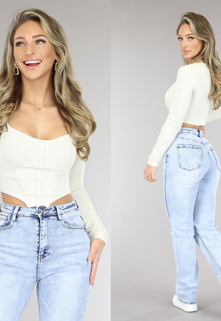 Beige Rib Longsleeve Top met Korset Detail
