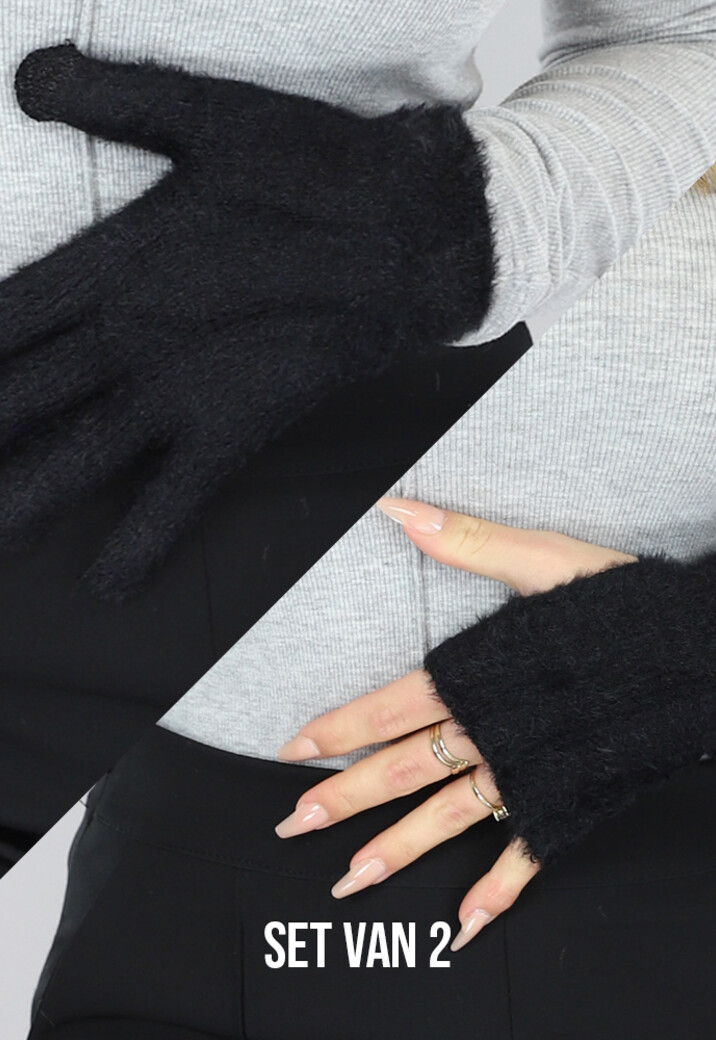Zwarte Fluffy Warme Handschoenen Set