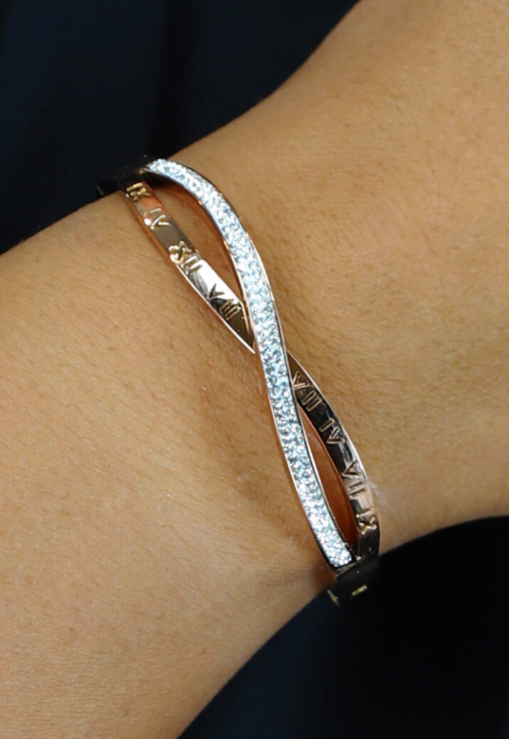 Rosé Gouden Dubbele Armband met Strass en Romeinse Cijfers