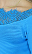 Sexy Blauwe Ribstof Off-Shoulder Top met Kanten Details