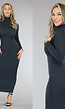 Rib Antraciet Bodycon Midi Jurk met Hoge Hals