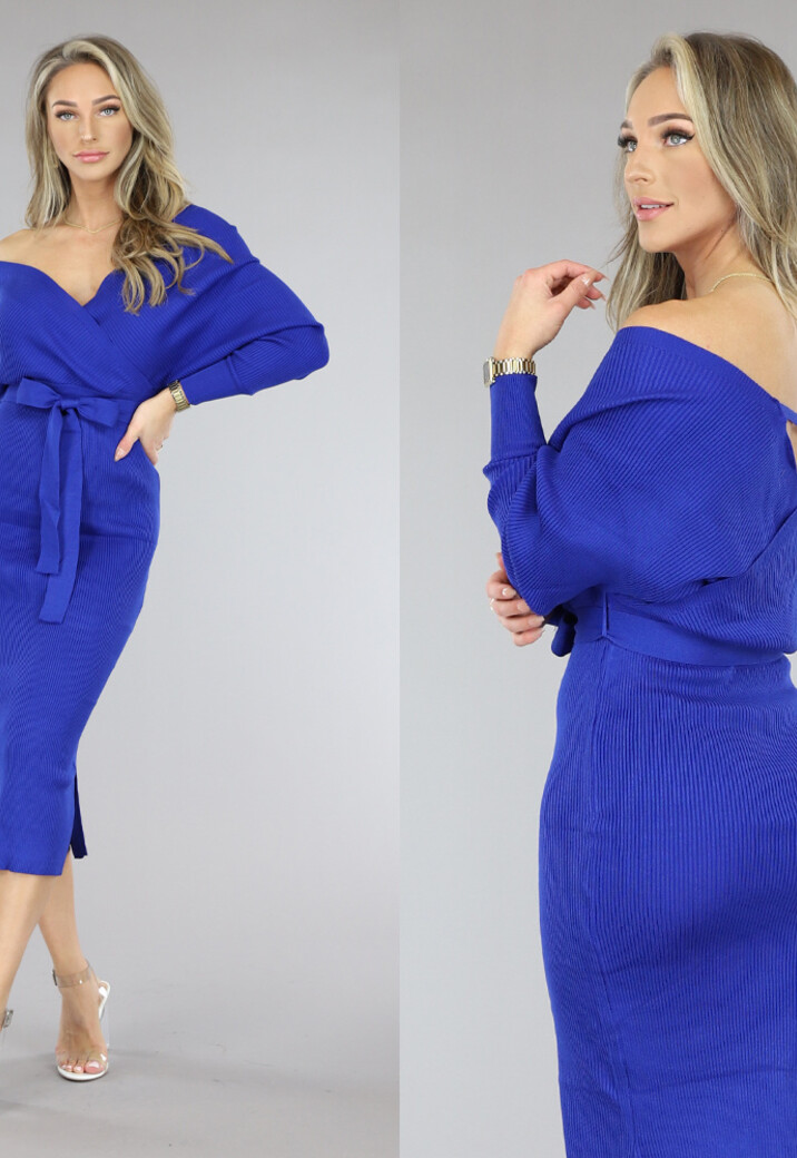Blauwe Off-Shoulder Rib Jurk met Tailleband