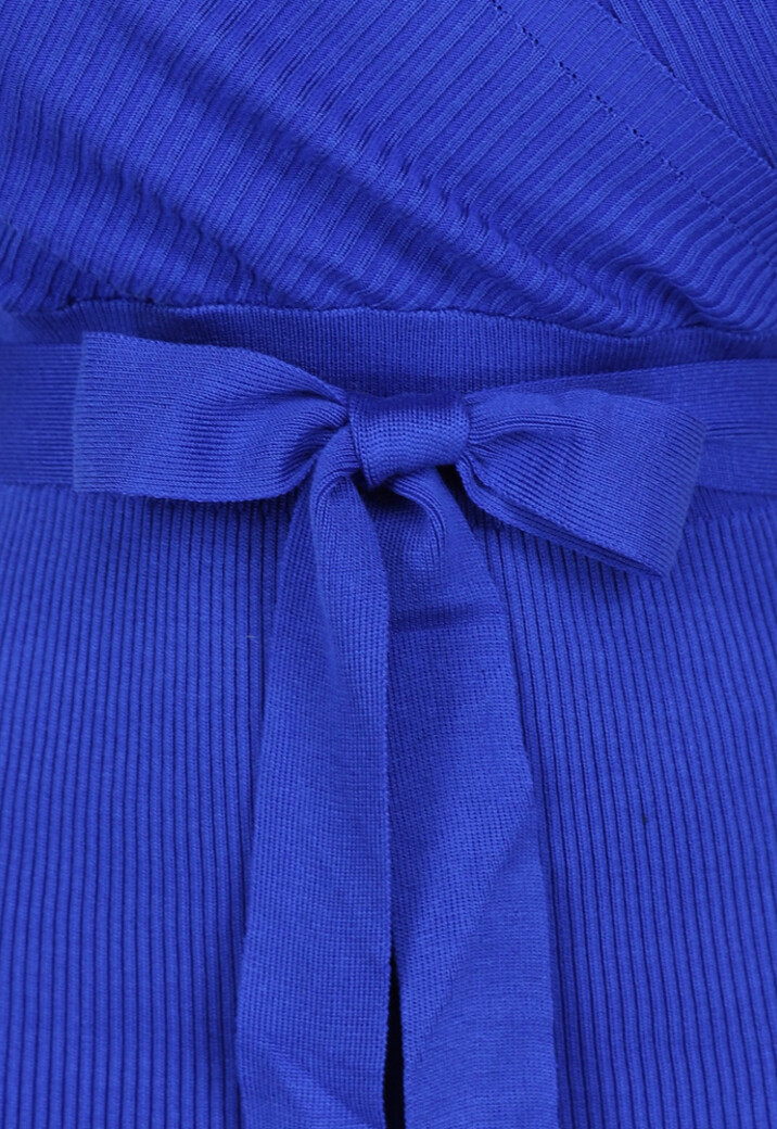 Blauwe Off-Shoulder Rib Jurk met Tailleband