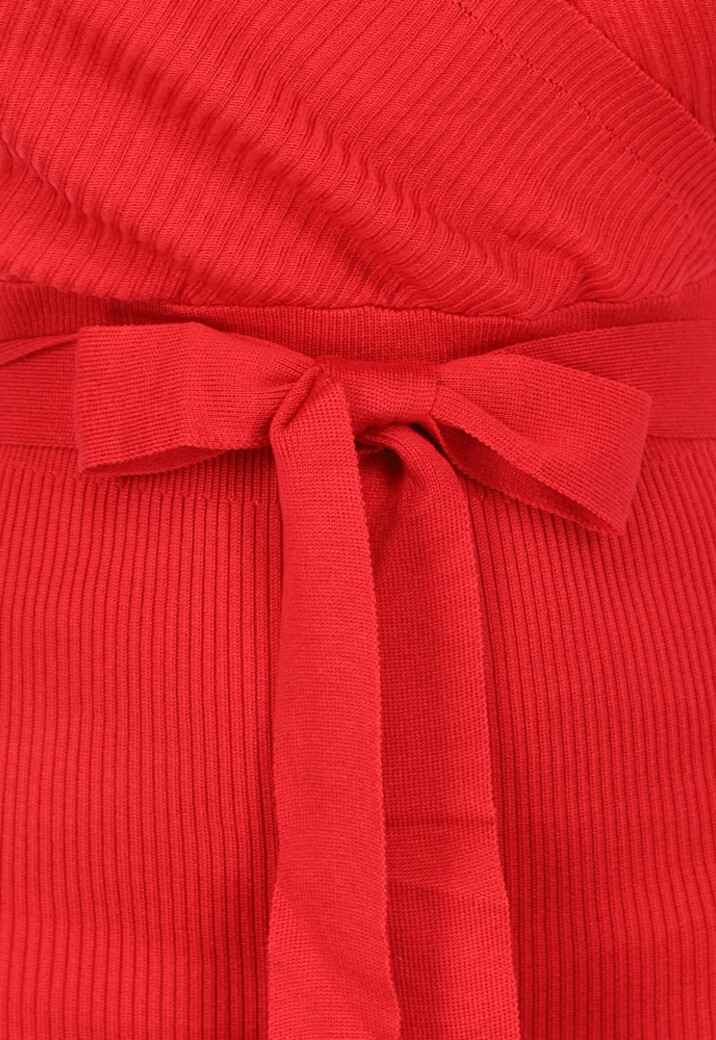 Rode Off-Shoulder Rib Jurk met Tailleband