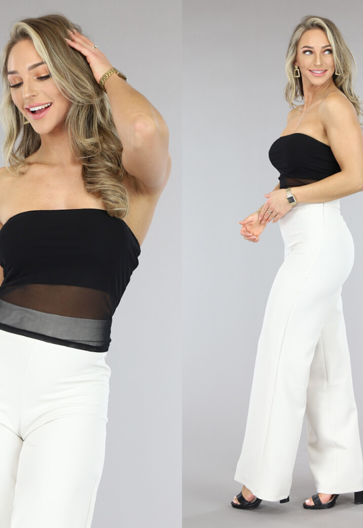 Zwarte Strapless Crop Top met Mesh