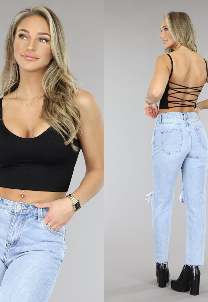 Zwarte Top met Gekruiste Rug en Ingewerkte Pads