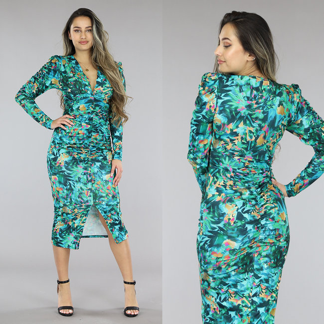 Groene Bloemenprint Bodycon Jurk met V-Hals 