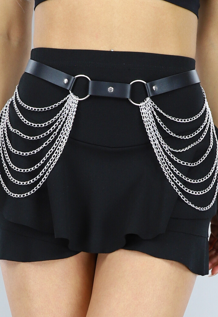 Zwarte Lederlook Bodychain met Zilveren Laagjes