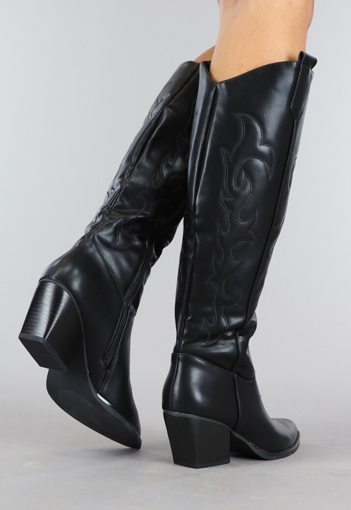 Zwarte Hoge Cowboy Boots met Stiksels