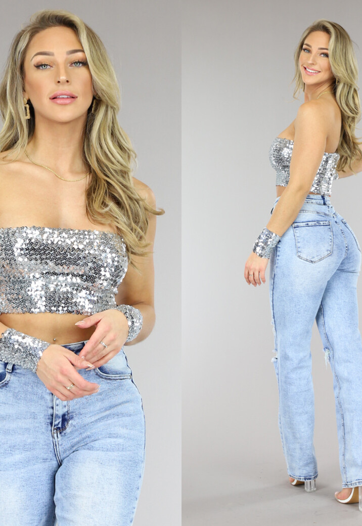 Zilveren Pailletten Bandeau Top met Polsbandjes