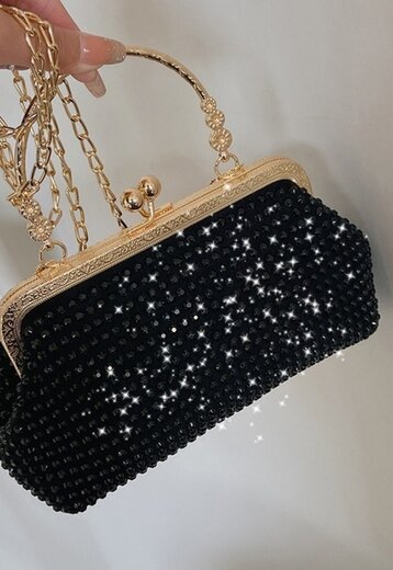 Zwart Pouch Tasje met Strass Steentjes en Gouden Details