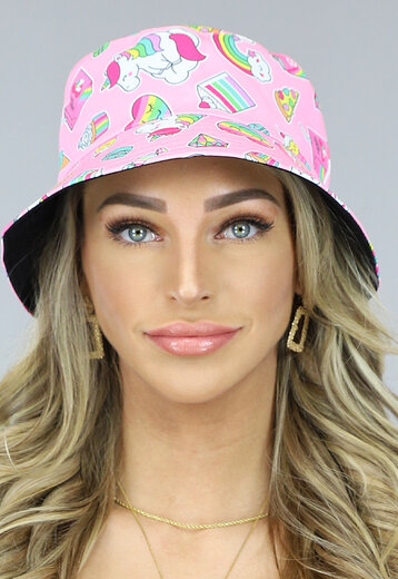 TERUG Roze Bucket Hat met Regenboog Snoepjes