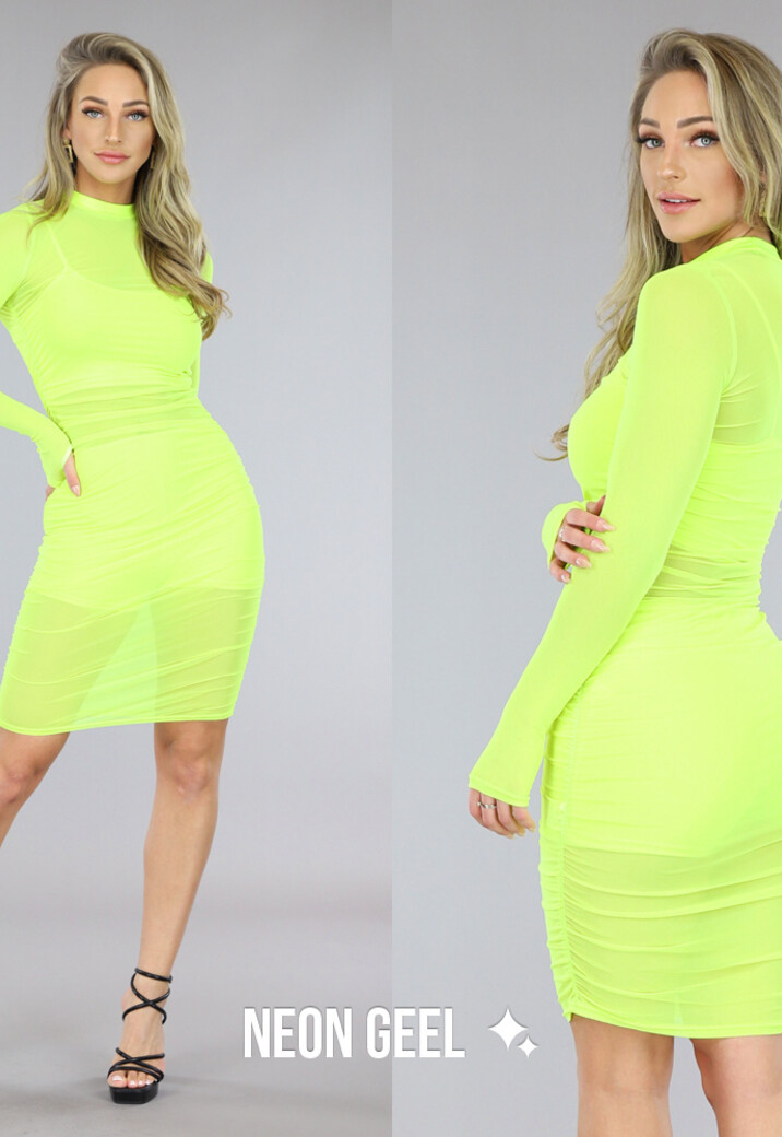 Neon Geel Geplooid See-Through Jurkje met Setje