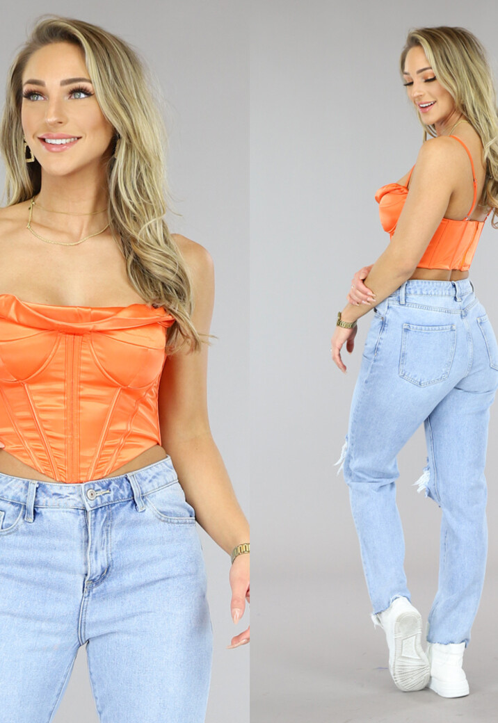 Oranje Satin Korset Top met Gedrapeerd Detail