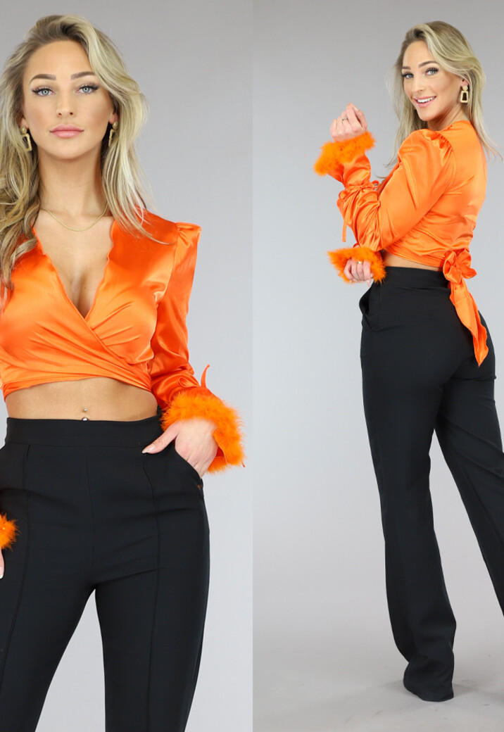 Oranje Satin Wikkel Top met Veertjes