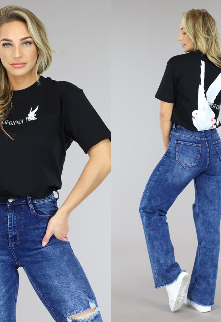Zwart Oversized T-Shirt met Duif Print