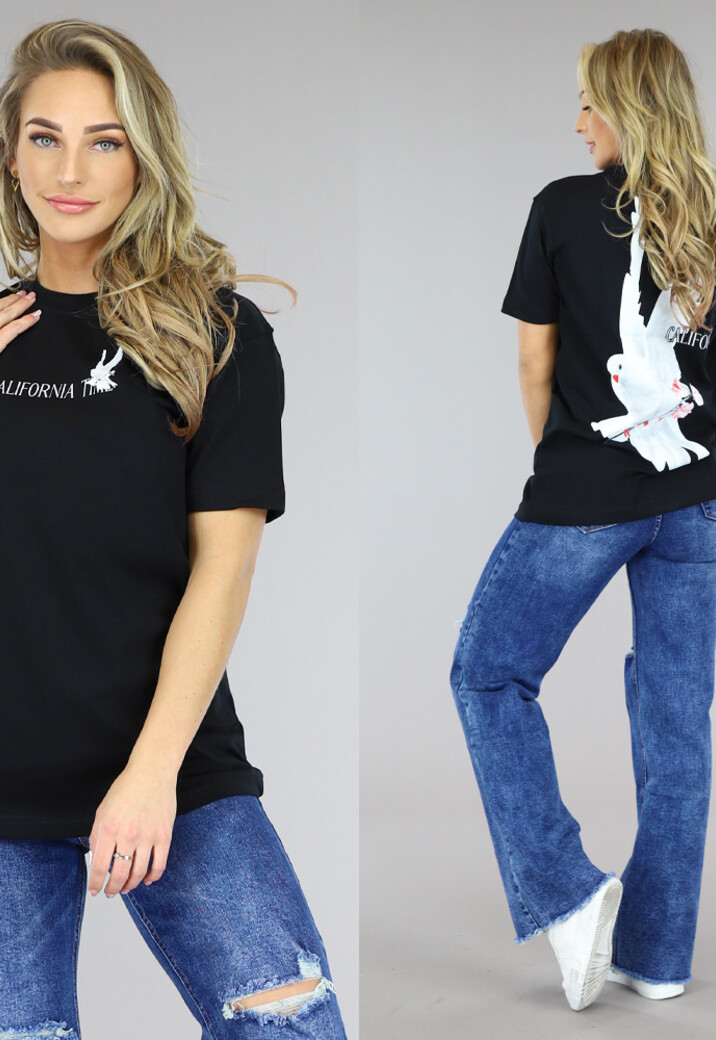Zwart Oversized T-Shirt met Duif Print