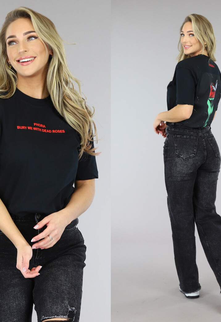 Zwart Oversized T-Shirt met Roos Print