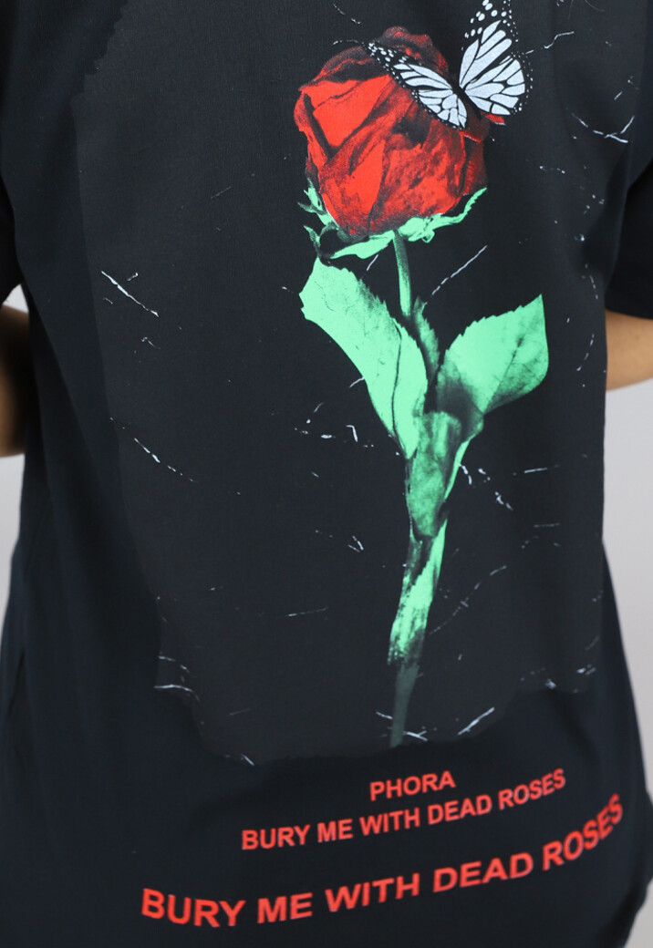 Zwart Oversized T-Shirt met Roos Print