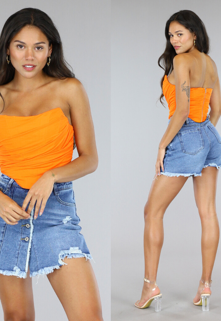 Oranje Mesh Korset Top  met Gedrapeerd Detail