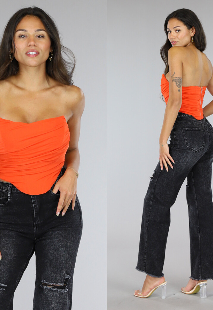 Oranje Mesh Korset Top  met Gedrapeerd Detail