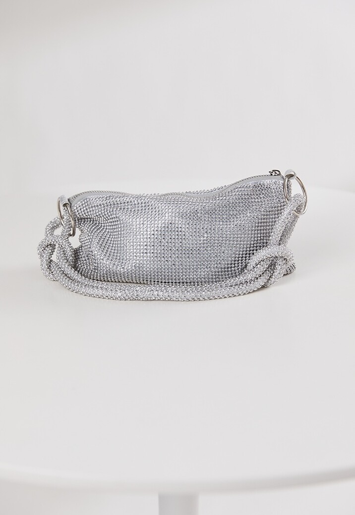 Zilveren Strass Schoudertas met Geknoopte Band