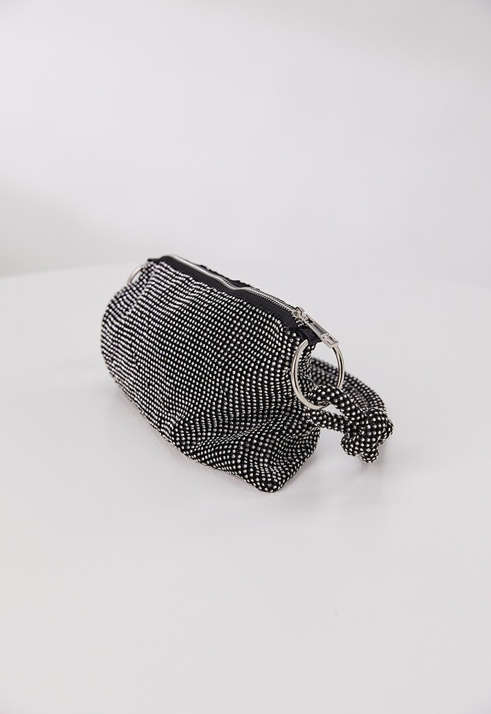 Zwarte Strass Schoudertas met Geknoopte Band