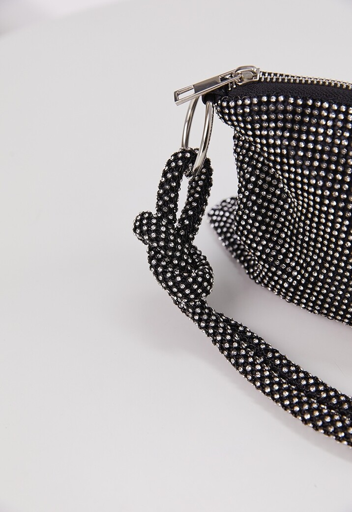 Zwarte Strass Schoudertas met Geknoopte Band
