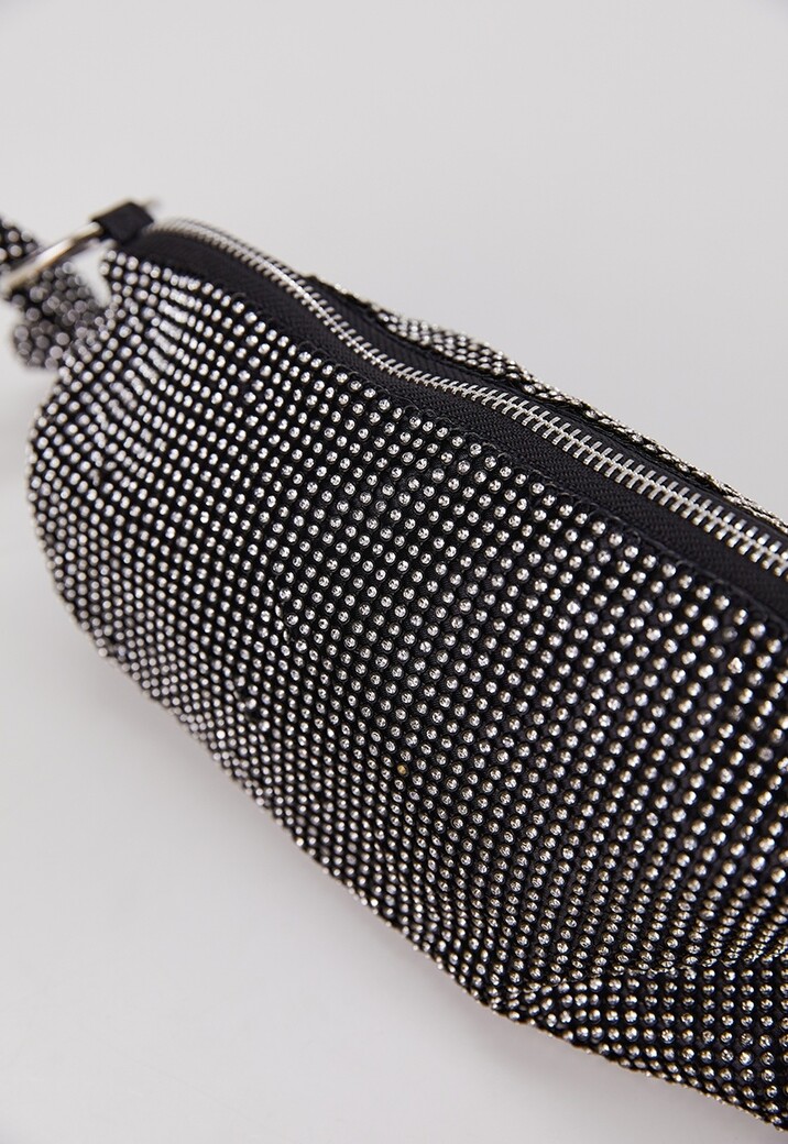 Zwarte Strass Schoudertas met Geknoopte Band