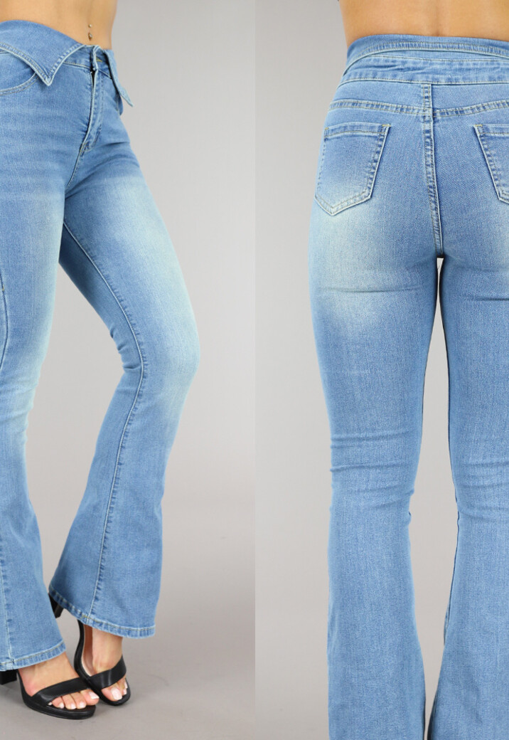 Blauwe Flared Jeans met Omgeslagen Taille