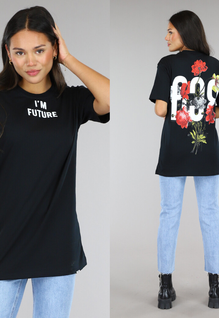Zwart Oversized Future T-Shirt met Bloemenprint