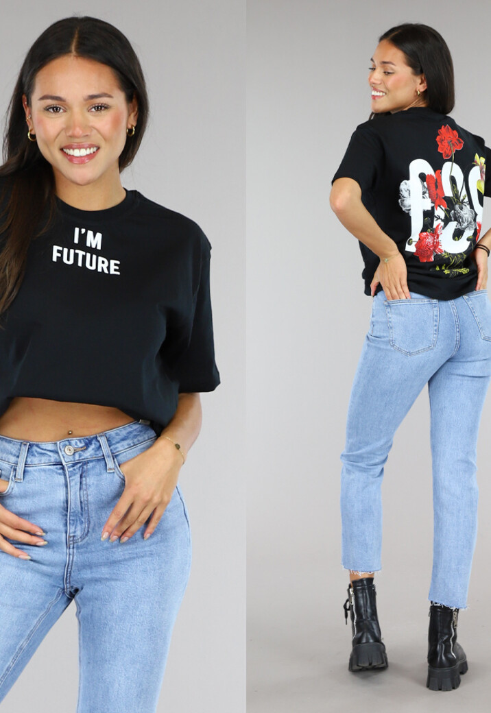 Zwart Oversized Future T-Shirt met Bloemenprint