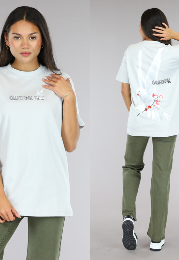 Grijs Oversized T-Shirt met Duif Print