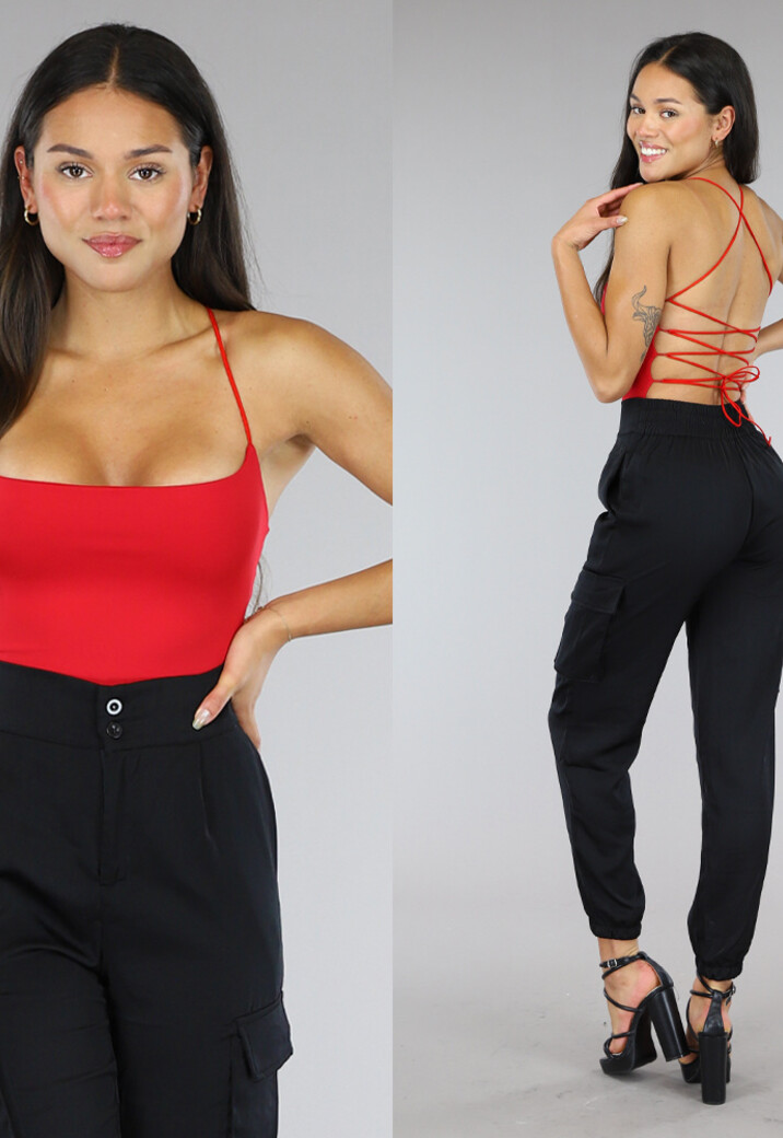 Rode Bodysuit met Open Rug en Strap Details