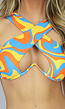 Oranje/Blauw Wavy Print Gekruiste Halter Bikinitop met Beugel