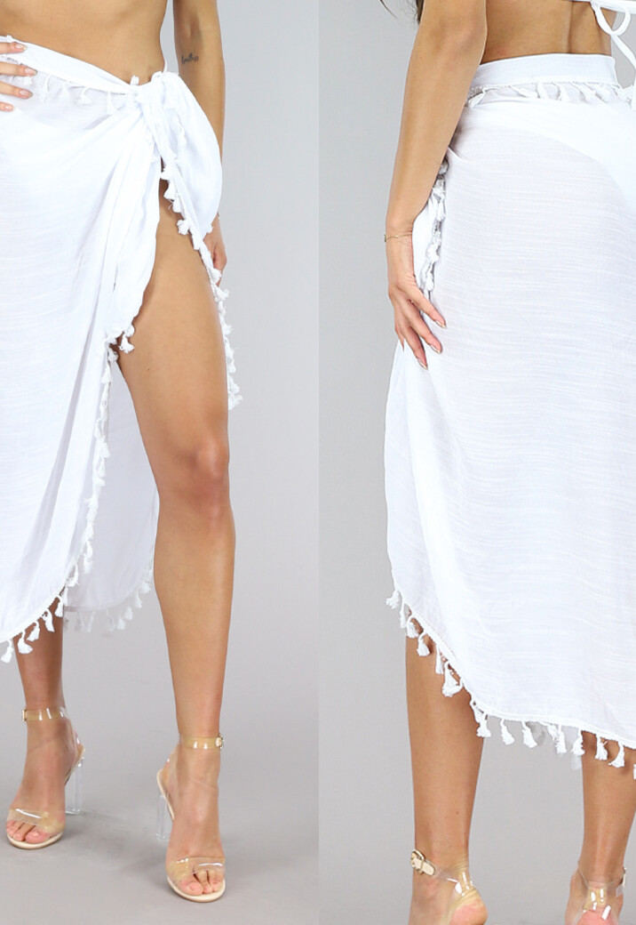 Witte Lange Strand Rok met Franjes