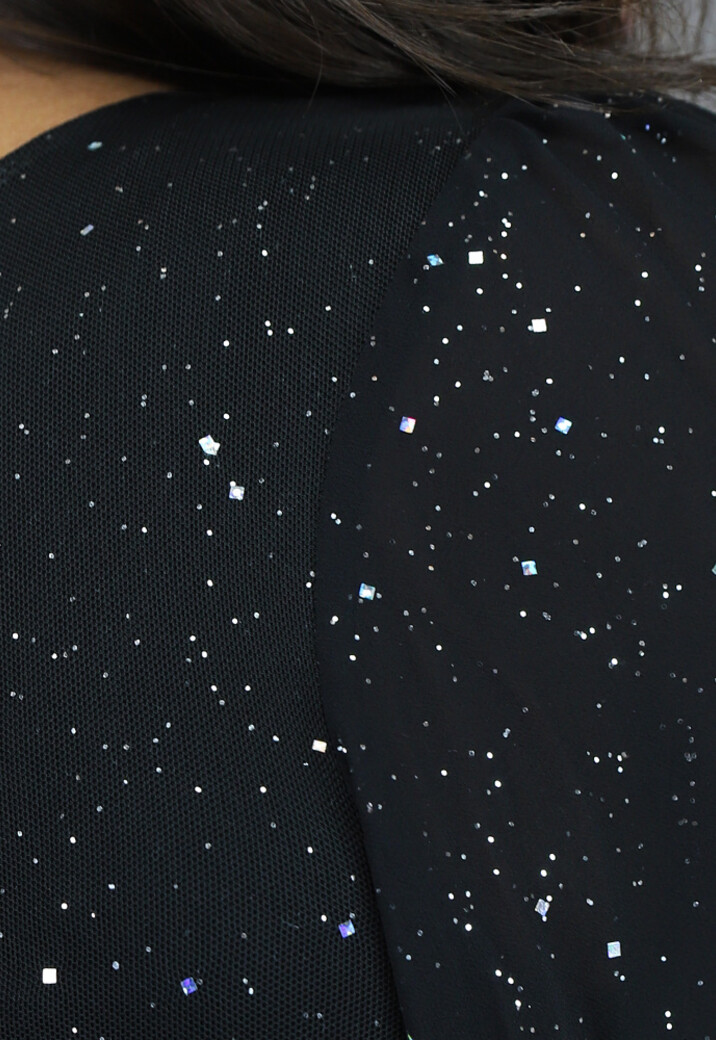 One Shoulder Glitter Bodycon Jurk met Geplooid Mesh