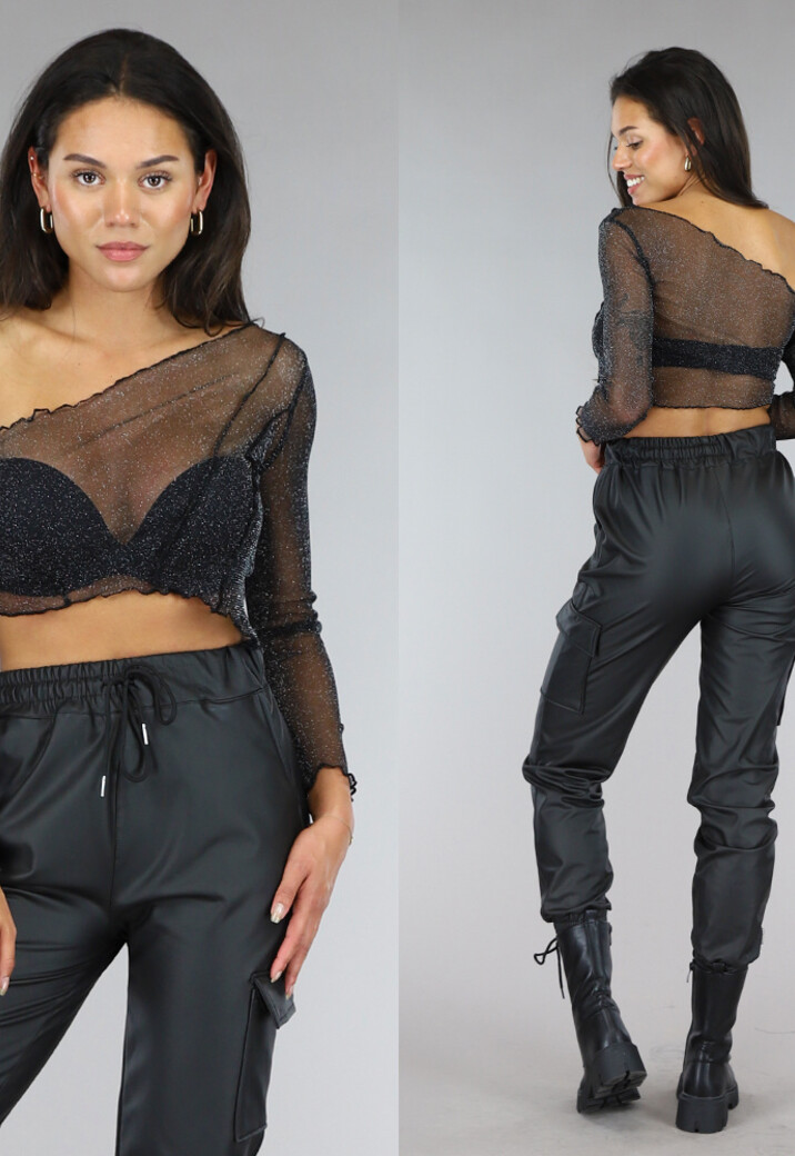 Zwarte Asymmetrische See-Through Top met Glitters