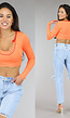 Oranje Rib Longsleeve Crop Top met Lage Ronde Hals