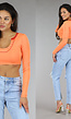 Oranje Rib Longsleeve Crop Top met Lage Ronde Hals